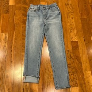 EUC Matilda Jane High Rise Stretch Boyfriend Jeans Cuffed Floral Accent size 2